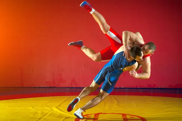两个强大的摔跤手在蓝色和红色摔跤紧身裤是 Wrestlng 和使摔跤投掷在黄色摔跤地毯在健身房 年轻人做格斗 — 图库照片