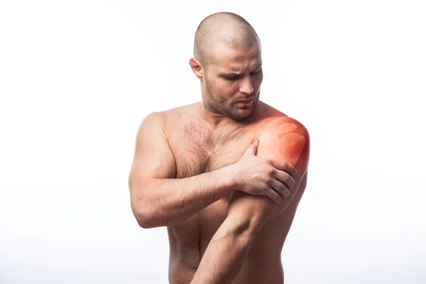 Injury Forearm Shoulder Pain Young Balding Athletic Man Holding Sore — Stock Photo, Image
