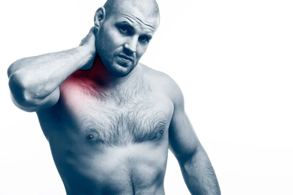 Injury Neck Young Bald Man Sportive Physique Stretched Clings Sick — Stock Photo, Image