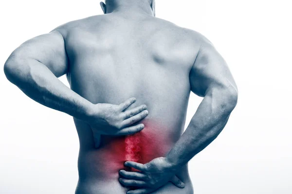 Injury Spine Young Bald Man Sports Physique Holds Sick Back — Stock Photo, Image