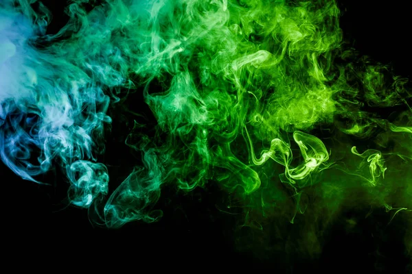 Dense Multicolored Smoke Green Blue Colors Black Isolated Background Background — Stock Photo, Image
