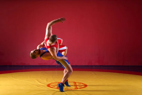 Dos Fuertes Luchadores Medias Lucha Azul Roja Están Luchando Haciendo — Foto de Stock