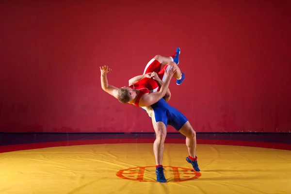 青と赤のレスリングのタイツを着た2人の強力な力士が格闘し ジムで黄色のレスリングカーペットの上に腰を投げています 若い男がブドウを — ストック写真