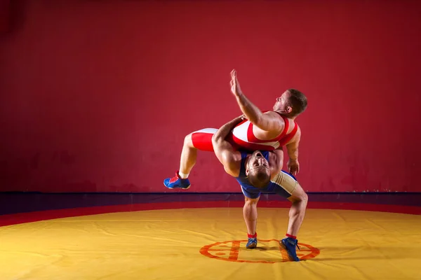 Dos Fuertes Luchadores Medias Lucha Azul Roja Están Luchando Haciendo — Foto de Stock