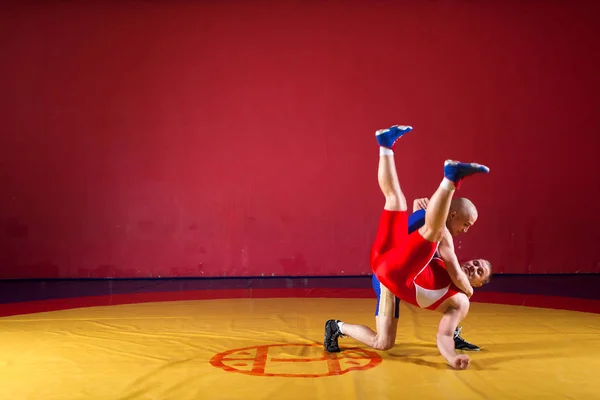 Dois Lutadores Greco Romanos Uniforme Vermelho Azul Lutando Tapete Luta — Fotografia de Stock