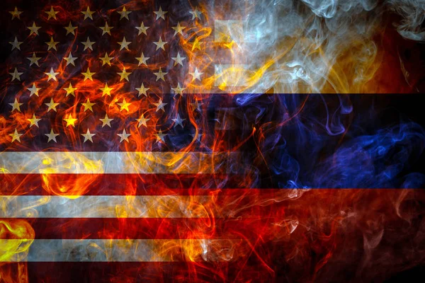 National Flags Usa Russia Bright Flame Black Background — Stock Photo, Image