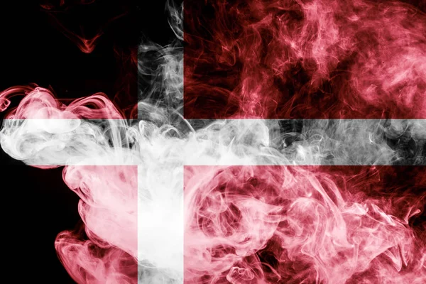 Flaga Narodowa Danii Gęstą Kolorowy Dym Czarnym Tle Białym Tle — Zdjęcie stockowe