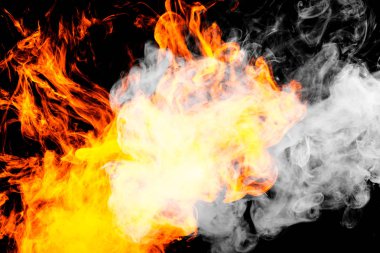 Yangın arka plan alevler. Yoğun ateşli duman bir siyah arka plan izole. Arka planını duman vape