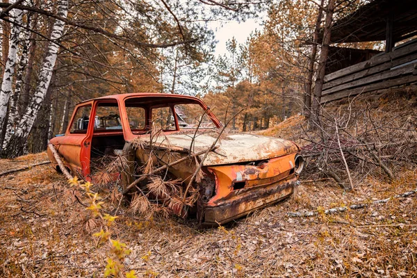 Close Old Rusty Car Broken Door Wheels Background Green Coniferous — Stock Photo, Image