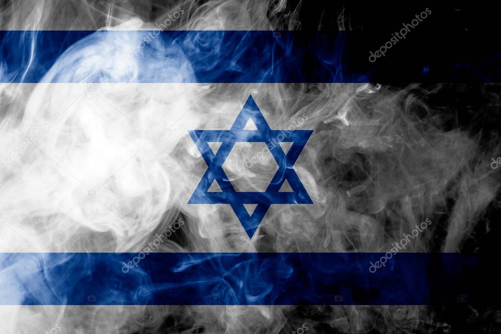 National flag of Israel from thick colored smoke on a black isolated background