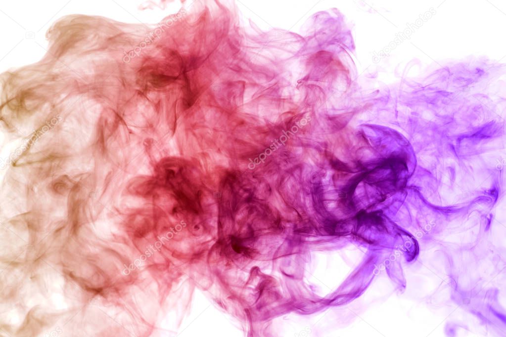 Thick  pink and purple  colorful smoke  on a white isolated background. Background from the smoke of vap