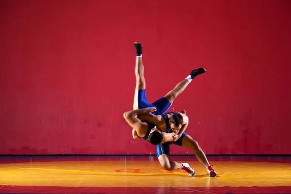 Dos Hombres Jóvenes Medias Lucha Azul Están Luchando Haciendo Una — Foto de Stock