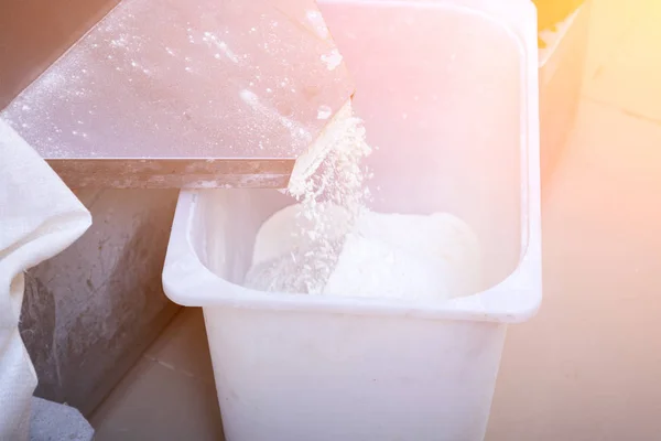 Close Woman Baker Pouring Large Spoon White Flour Basin Baker — Stock Photo, Image