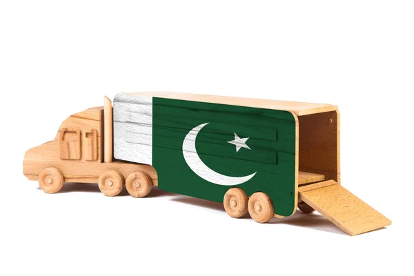 Close Wooden Toy Truck Painted National Flag Pakistan Concept Export — Stock Photo, Image