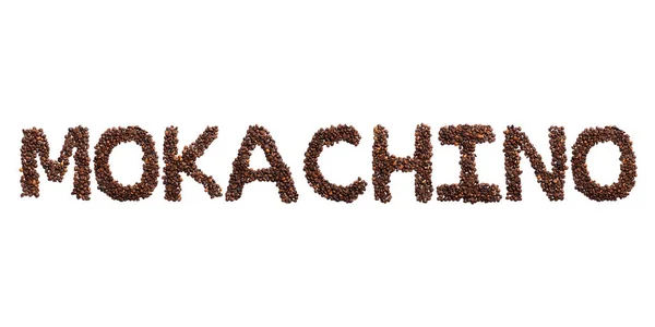 Надпись Mokachino Английского Алфавита Жареных Какао Бобов Белом Изолированном Фоновом — стоковое фото