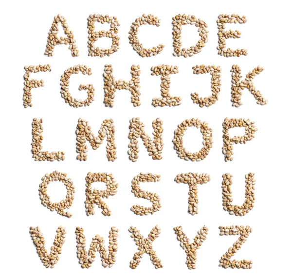 English Alphabet Unpeeled Pistachios White Isolated Background Unpeeled Pistachios Nuts — Stock Photo, Image