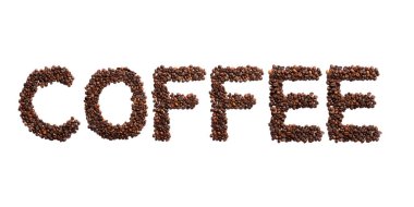 İngiliz alfabesindeki kavrulmuş kakao çekirdekli kahve. Kahve çekirdeklerinden yapılmış kahve deseni. Kahve kültürü. Gerçek kakao çekirdeğinin fotoğrafından imzala.