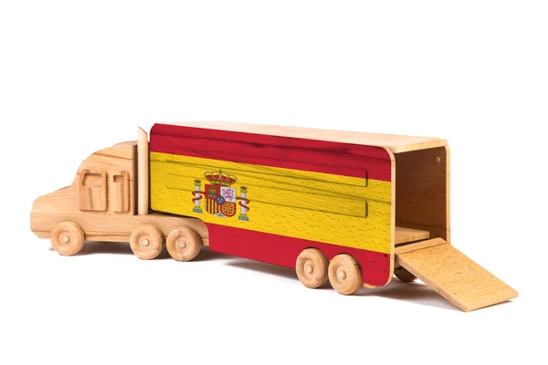 Κοντινό Πλάνο Ενός Ξύλινου Φορτηγού Παιχνιδιών Γραπτή Εθνική Σημαία Της — Φωτογραφία Αρχείου