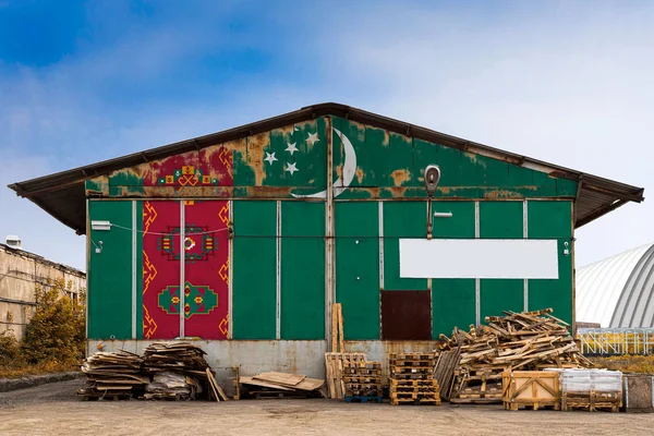 Close National Flag Turkmenistan Painted Metal Wall Large Warehouse Closed — Stock Photo, Image