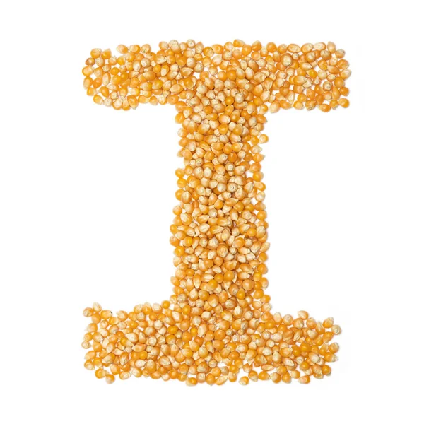 Letter English Alphabet Yellow Dry Corn White Isolated Background Food — Stock Photo, Image