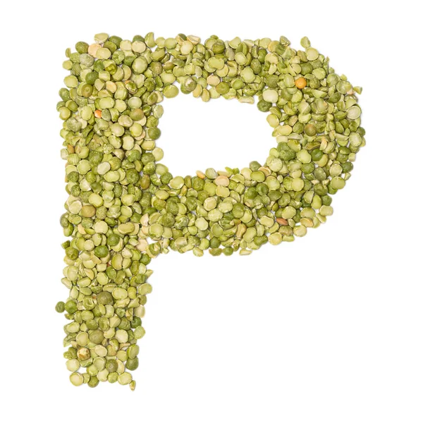 英语字母表中的字母P 用新鲜的绿色切碎的豌豆在白色孤立的背景上拼凑而成 用豌豆做的食物 商店的明亮字母表 图库照片