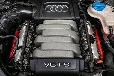 Novosibirsk, Russia  October 10, 2019:  Audi A6,Closeup of a clean motor block, . Internal combustion engine clipart