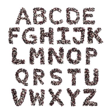 Beyaz yalıtılmış bir arka planda renkli fasulyelerden İngiliz alfabesi. Mor, beyaz, kahverengi fasulye desenli. Sağlıklı gıda konsepti. Metin düzenlemek için harfler