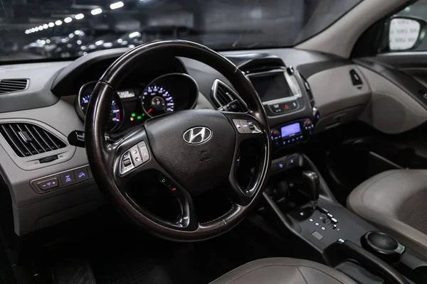 Novosibirsk Rússia Outubro 2019 Hyundai Ix35 Carro Luxo Interior Volante — Fotografia de Stock