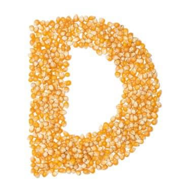 İngiliz alfabesinin D harfi sarı kuru mısırdan beyaz izole bir zemin üzerinde. Mısırdan yapılmış yemek deseni. Dükkanlar için parlak bir alfabe. Mısır lapası için mısır gevreği.