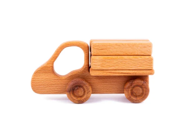 Juguete Infantil Primer Plano Fabricado Madera Natural Forma Camión Volquete —  Fotos de Stock
