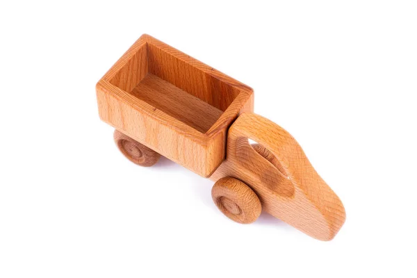 Zbliżenie Zabawki Dla Dzieci Naturalnego Drewna Postaci Wywrotki Białym Izolowanym — Zdjęcie stockowe