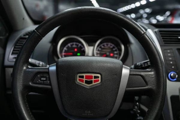 Novosibirsk Russia October 2019 Gelly Luxury Car Interior Steering Wheel — Stock Photo, Image