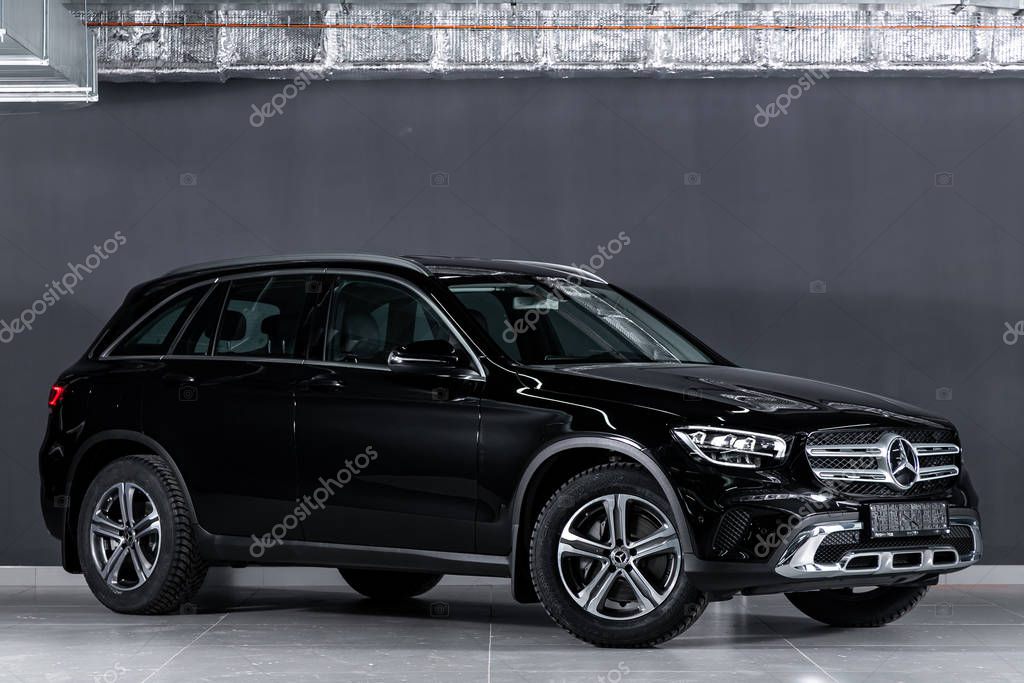 Novosibirsk, Russia  October 10, 2019:  new black Mercedes-Benz GLS-Class, front view.  Photography of a luxury SUV on a parking in Novosibirsk