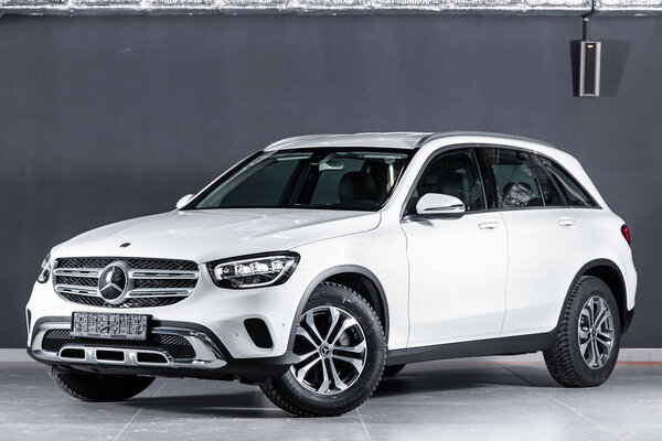 Novosibirsk, Russia November 19, 2019:  new black Mercedes-Benz GLS-Class, front view.  Photography of a luxury SUV on a parking in Novosibirsk