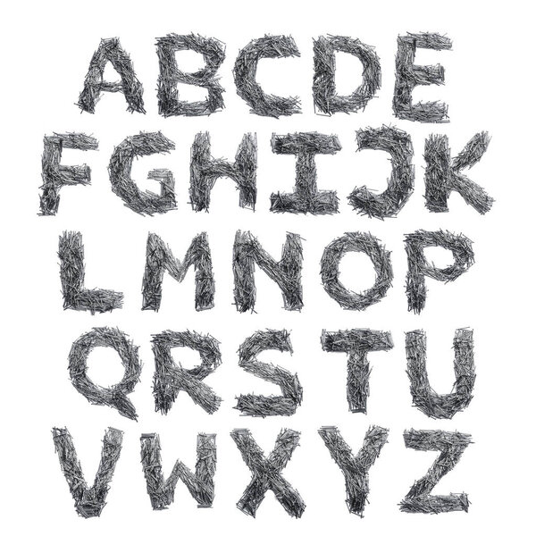 English alphabet from small iron nails  on a white isolated background. Industrial pattern of thin nails for fasteners. bright  numeral for design. 