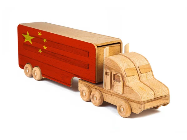 Close Wooden Toy Truck Painted National Flag China Concept Export — Stock Photo, Image