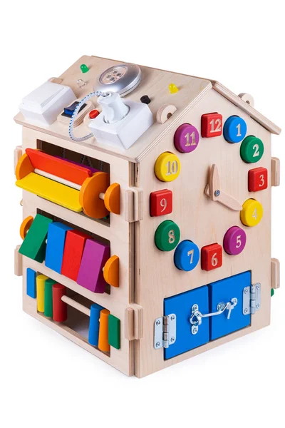 Wooden Busy Board House Educational Toy Children Babies White Isolated — Stock Photo, Image