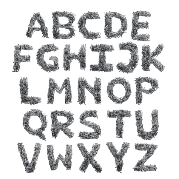 English Alphabet Small Iron Nails White Isolated Background Industrial Pattern — Stock Photo, Image