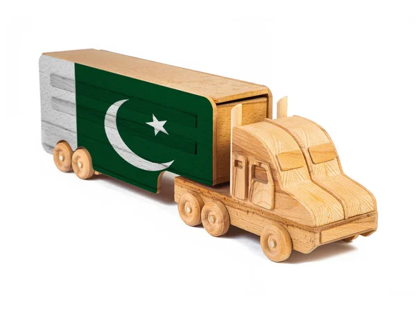 Close Wooden Toy Truck Painted National Flag Pakistan Concept Export — Stock Photo, Image