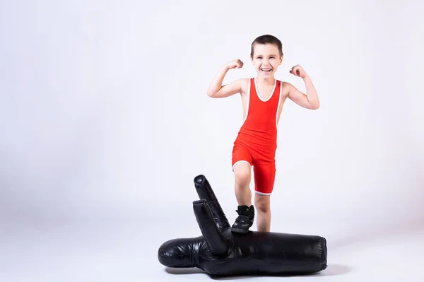 Cheerful Sports Boy Wrestling Tights Wrestling Shows Biceps Rejoices Victory — ストック写真