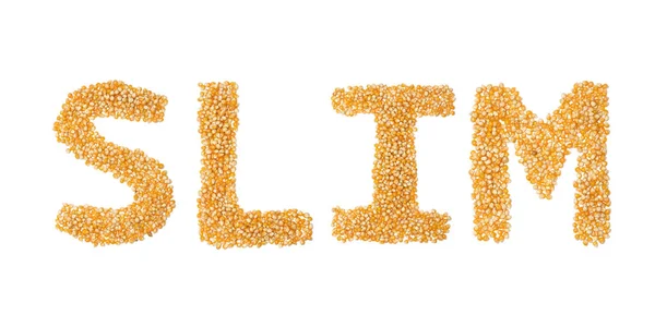 Inscription Slim English Alphabet Yellow Corn White Isolated Background Food — Stock Photo, Image