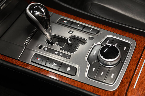 Novosibirsk, Russia  December 21, 2019:  Hyundai Equus, close-up of the accelerator handle and buttons. automatic transmission gear of car , car interior 