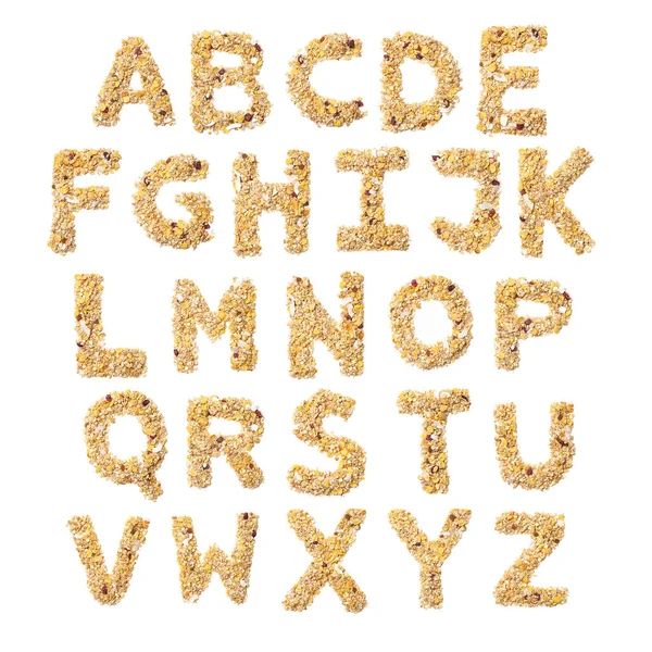 English Alphabet Muesli Coconut Berries Raisins Cereal Natural Cereals White — 스톡 사진