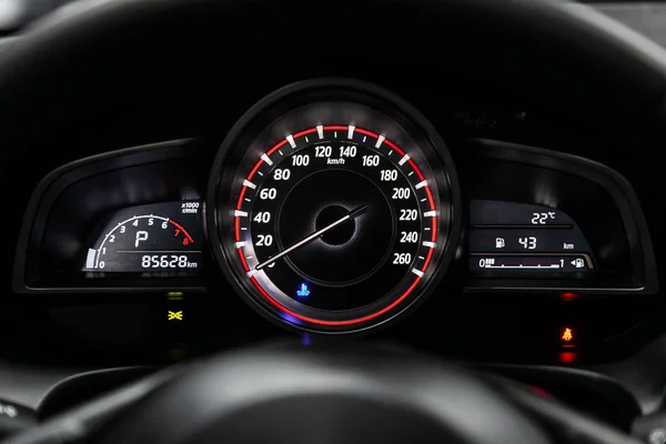 Close Instrument Automobile Panel Odometer Speedometer Tachometer Fuel Leve — Stock Photo, Image