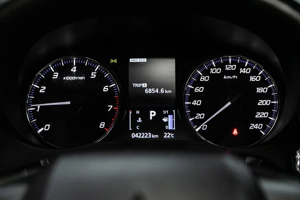 Zavřít Automobilový Panel Přístroje Odometrem Rychloměrem Taxametr Palivovou Póru — Stock fotografie