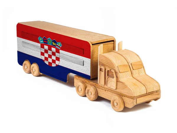 Крупный План Деревянного Игрушечного Грузовика Окрашенным Национальным Флагом Хорватии Концепция — стоковое фото