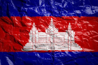 Kamboçya 'nın ulusal bayrağı buruşmuş kağıtta. Çarşafa bayrak basılmış. Broşürlerde ve reklamlarda tasarım için bayrak resmi.