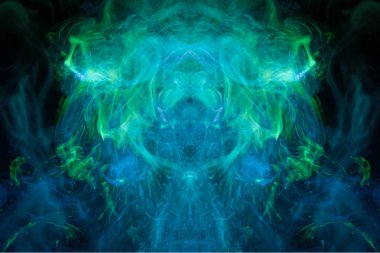 Koyu yeşil ve mavi renkli duman, izole bir arka planda korku canavarı şeklinde. Ürkütücü ve gizemli sembol