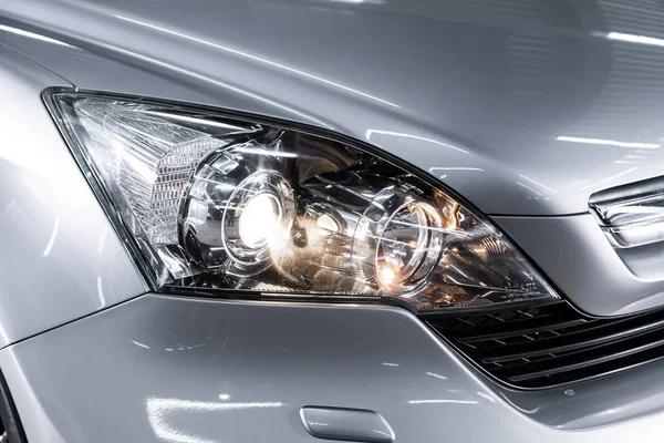 Silver Car Headlights Exterior Detail Close Detail One Led Headlights — Stock Photo, Image