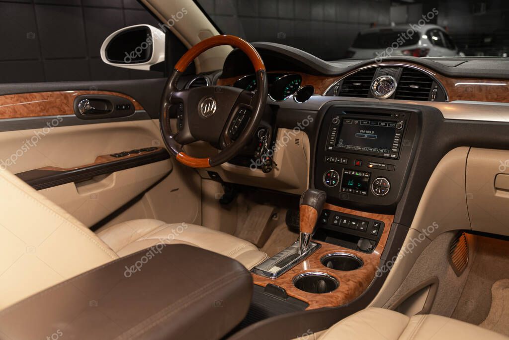 Novosibirsk, Russia  December 29, 2019:   Buick Enclave, steering wheel, shift lever, multimedia  systeme, driver seats and dashboard